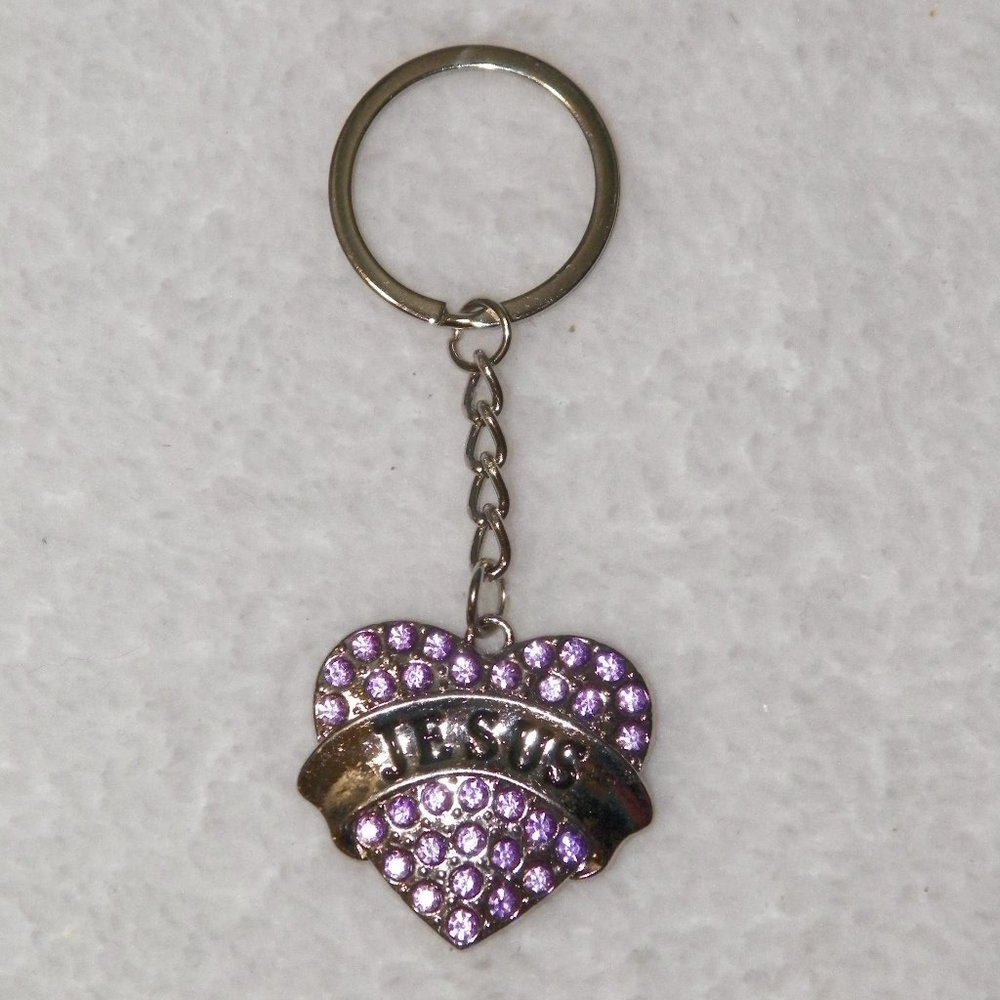 NEW Jesus Heart Silver Keychain Keyring Purple Crystal Rhinestones Bling